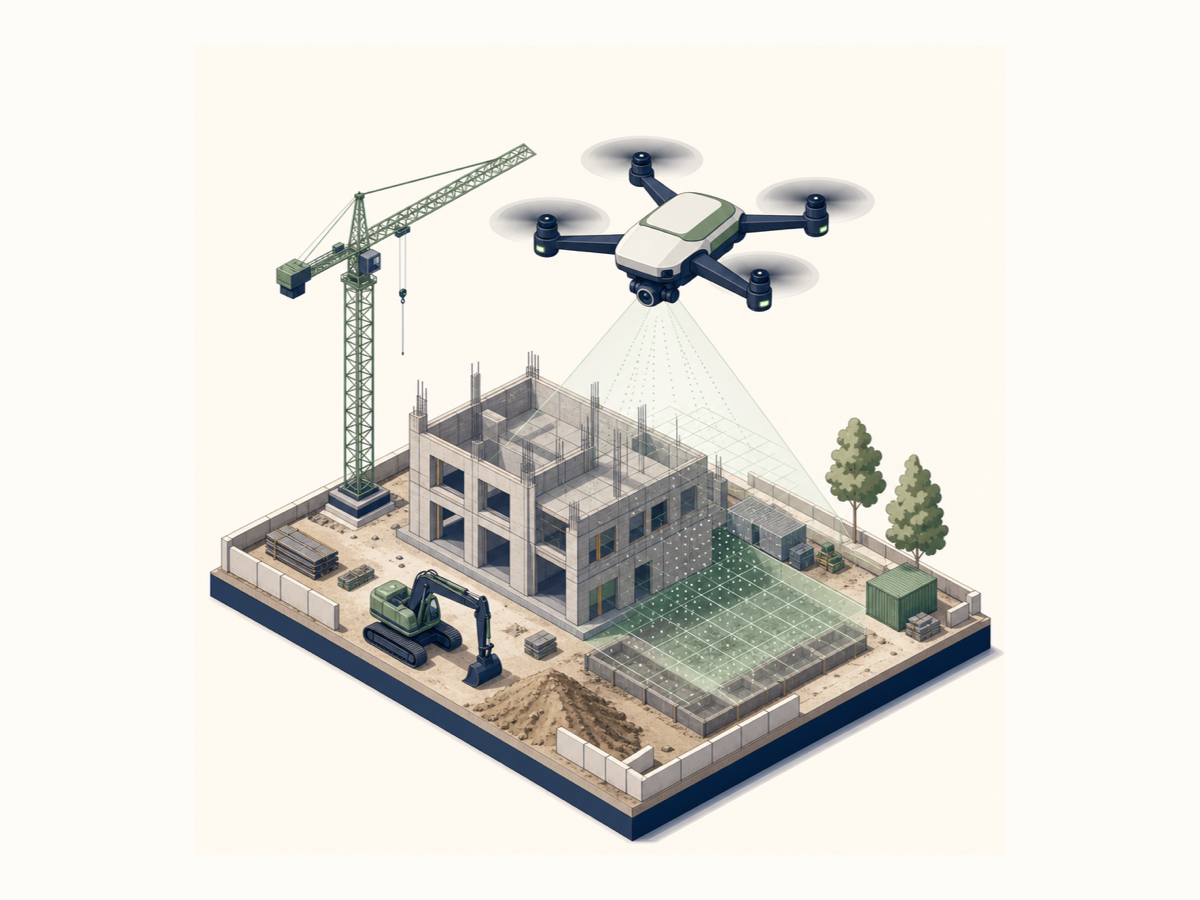 Illustration of a construction inspection drone scanning a jobsite.