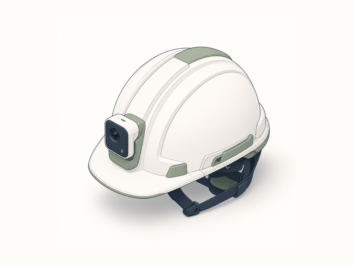 Illustration of a smart construction hardhat with a camera sensor.
